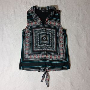 Apt. 9 Sleeveless Blouse Front Tie Aztec Design Collar Button Front Women's XS